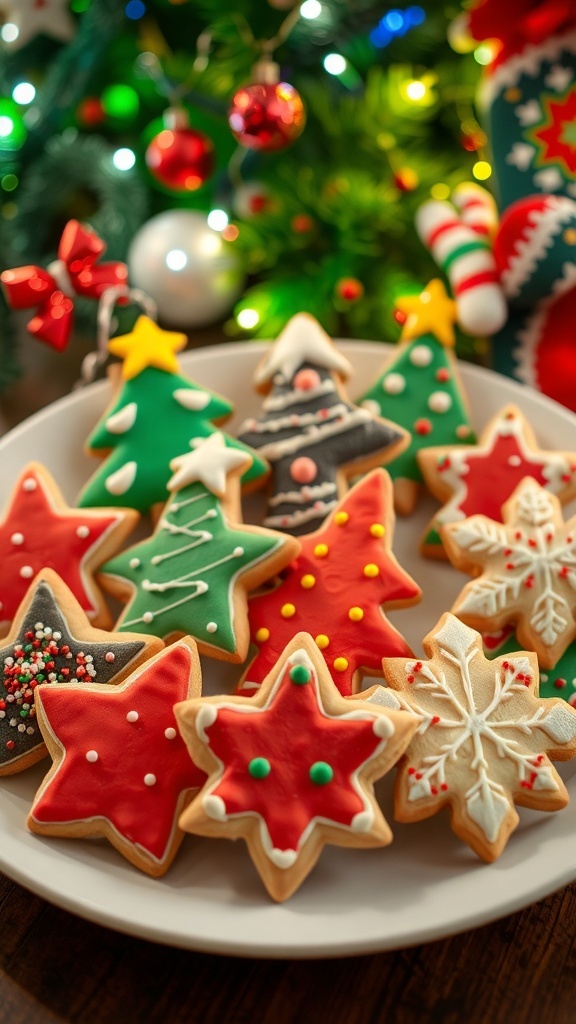 A festive assortment of decorated Christmas sugar cookies on a plate, featuring colorful icing and sprinkles.